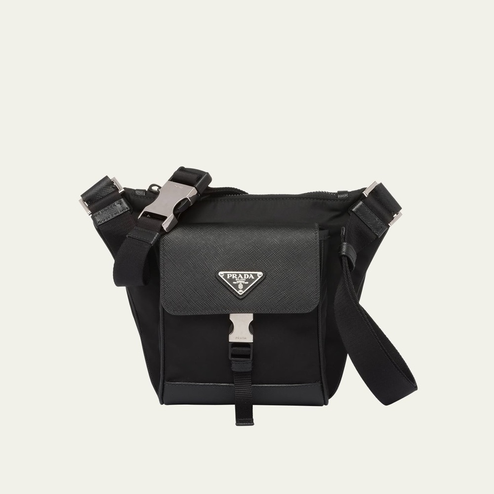 Leather and nylon Prada belt bag in black.